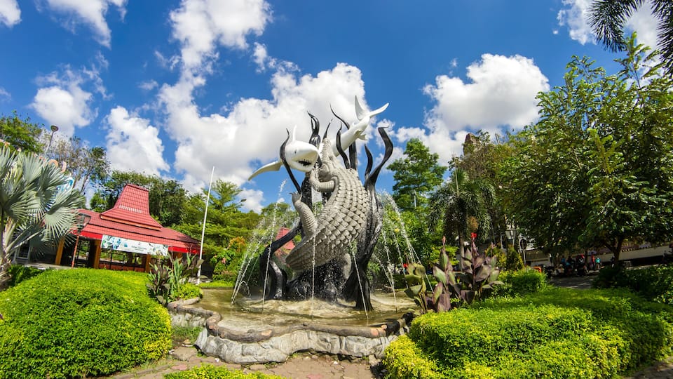 Garden with statues symbol of the city of Surabaya