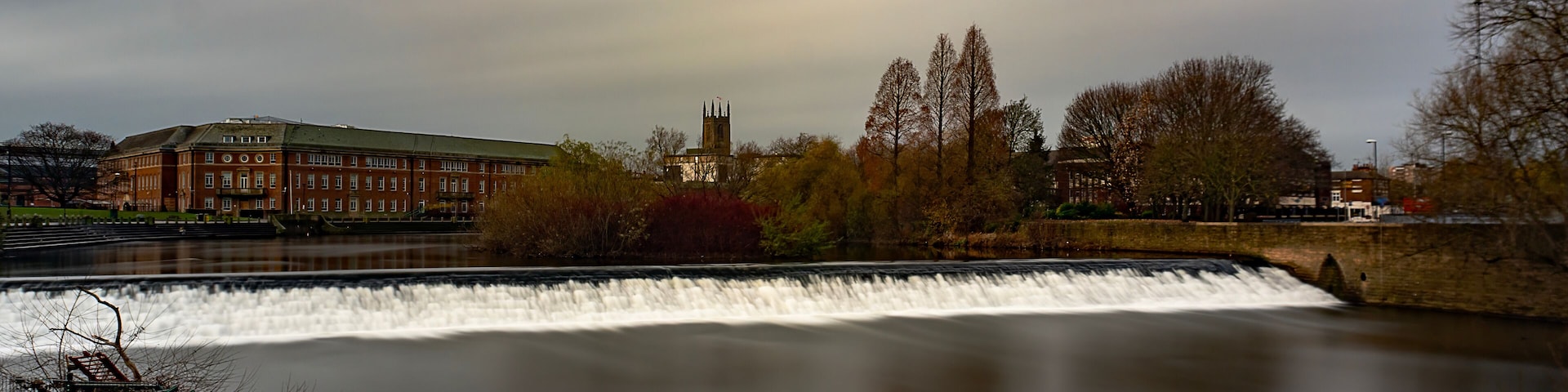 A long exposure of the River Derwent in the centre of Derby, Derbyshire, UK