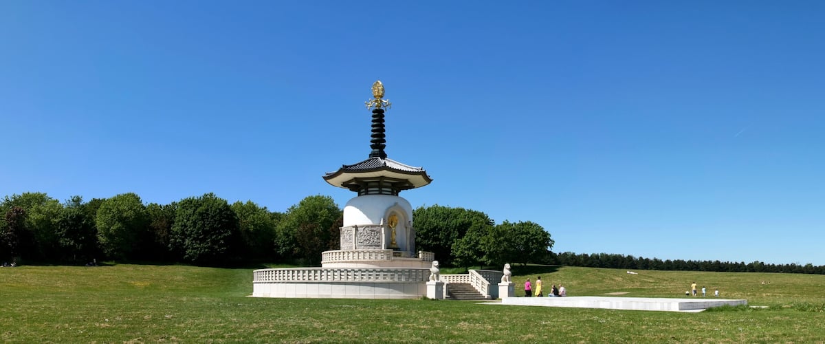 A white pagoda with a golden spire in a grassy field.