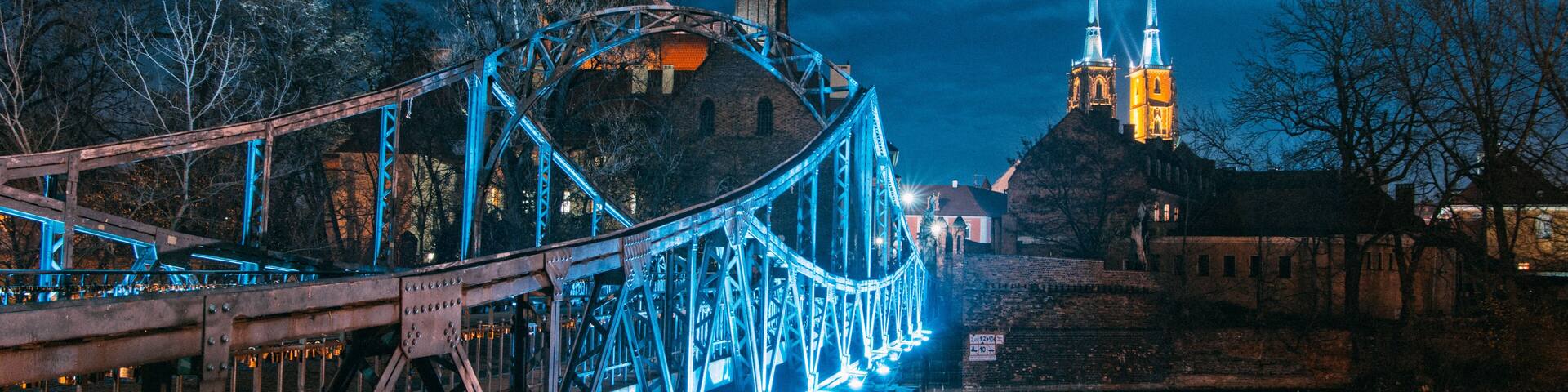 Tumski Bridge at night in Wroclaw, Poland