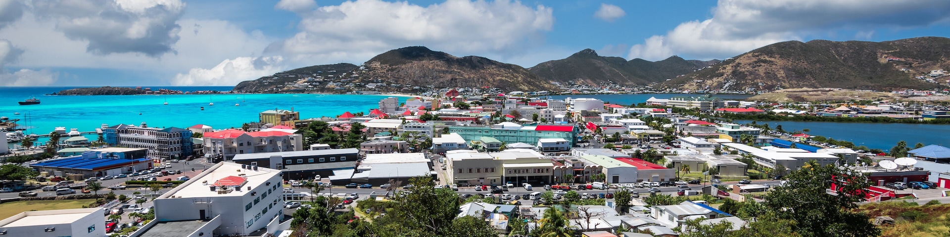 Philipsburg St Maarten panoramic cityscape.