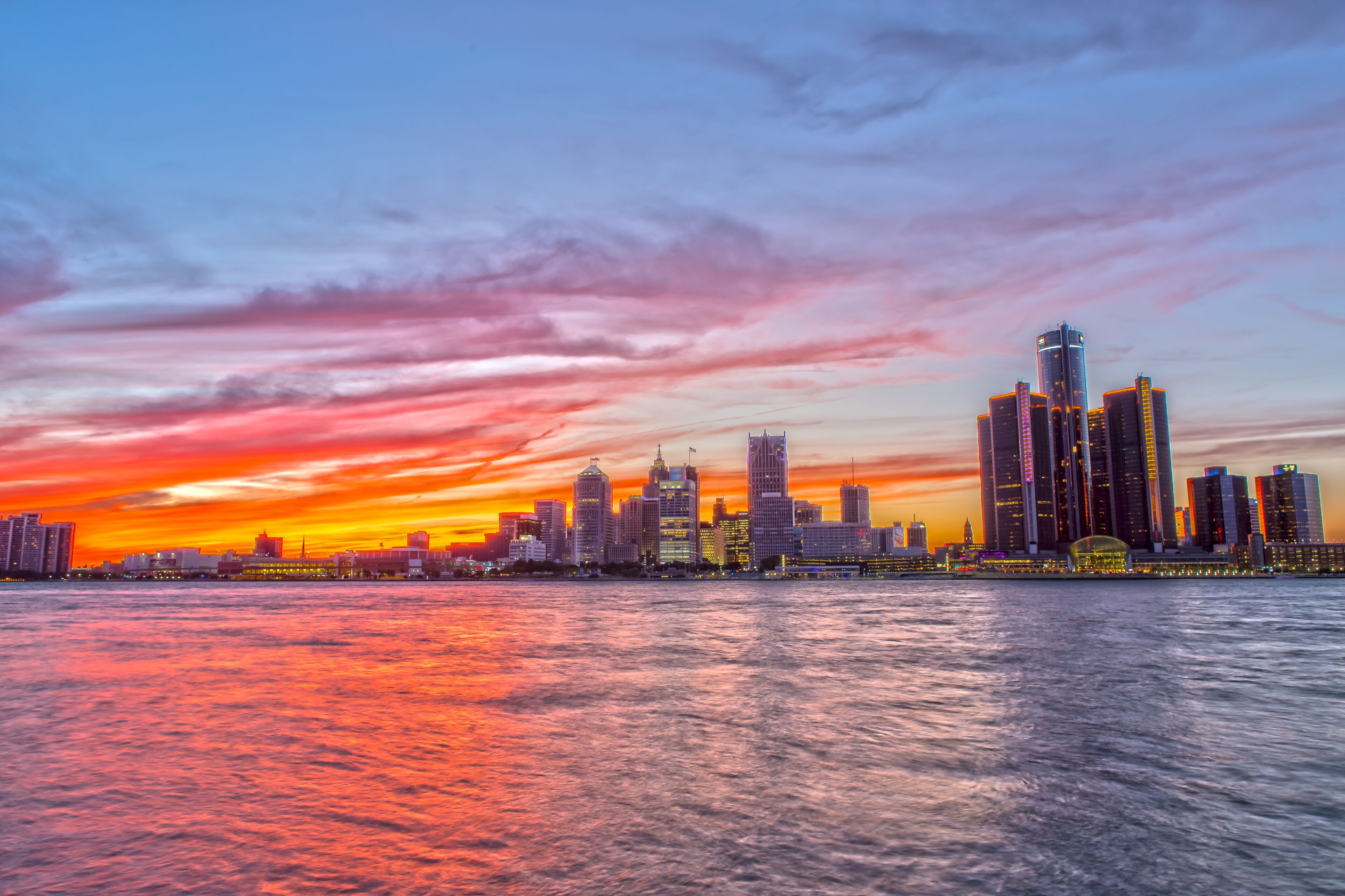 Detroit Skyline from Windsow Riverfront at Sunset