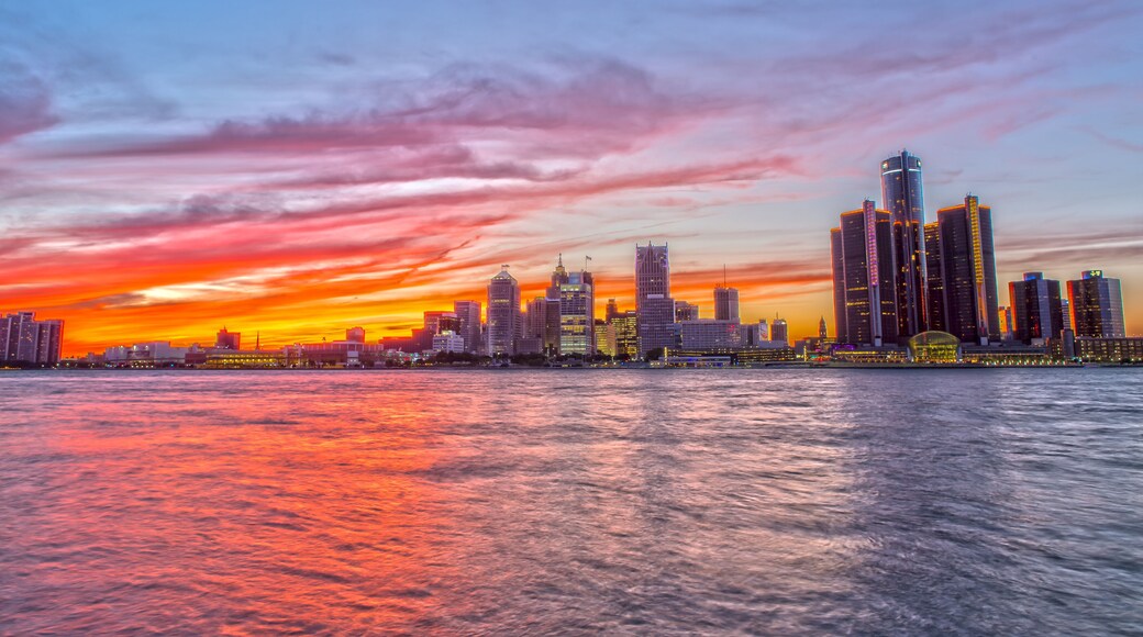 Detroit Skyline from Windsow Riverfront at Sunset