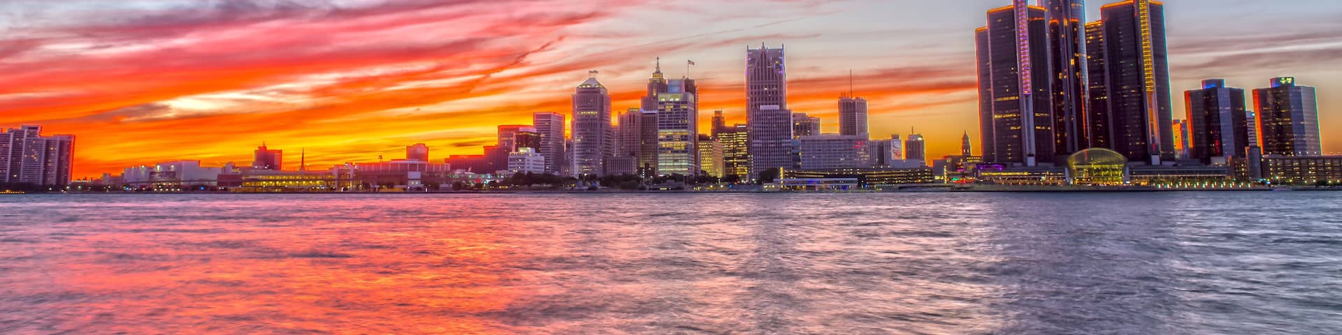Detroit Skyline from Windsow Riverfront at Sunset
