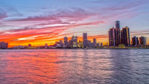 Detroit Skyline from Windsow Riverfront at Sunset