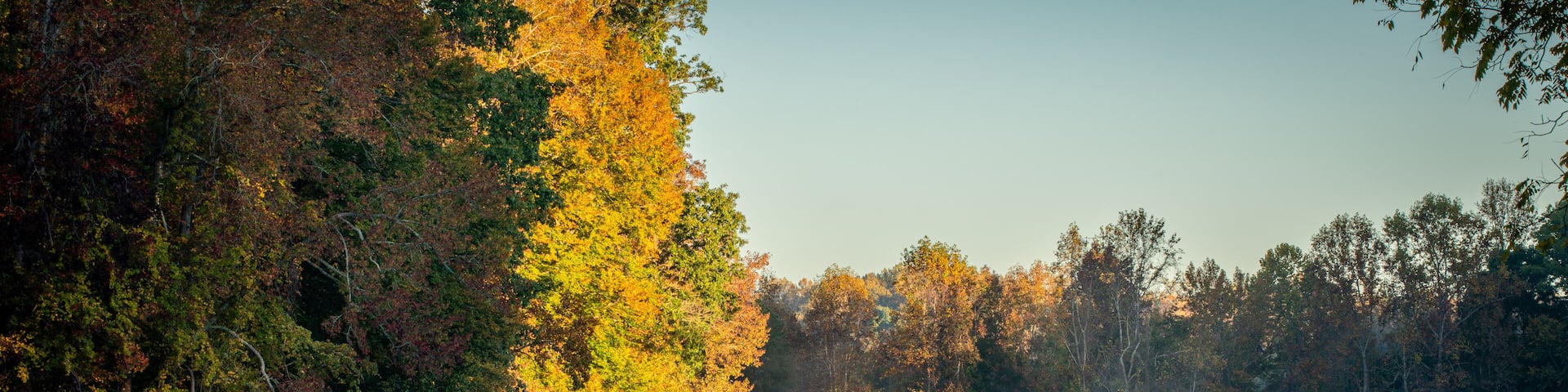 A calm lake with autumn foliage and a dock.