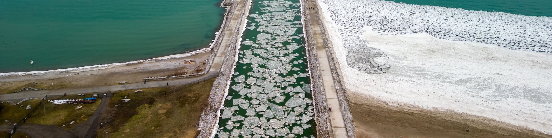 Aerial view of Frenchman's Bay Lighthouses in Pickering Ontario on the coast of Lake Ontario