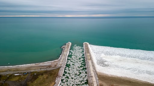 Aerial view of Frenchman's Bay Lighthouses in Pickering Ontario on the coast of Lake Ontario