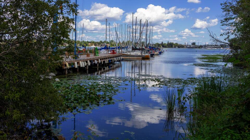 A calm river with boats docked on a pier, surrounded by lush greenery and trees.