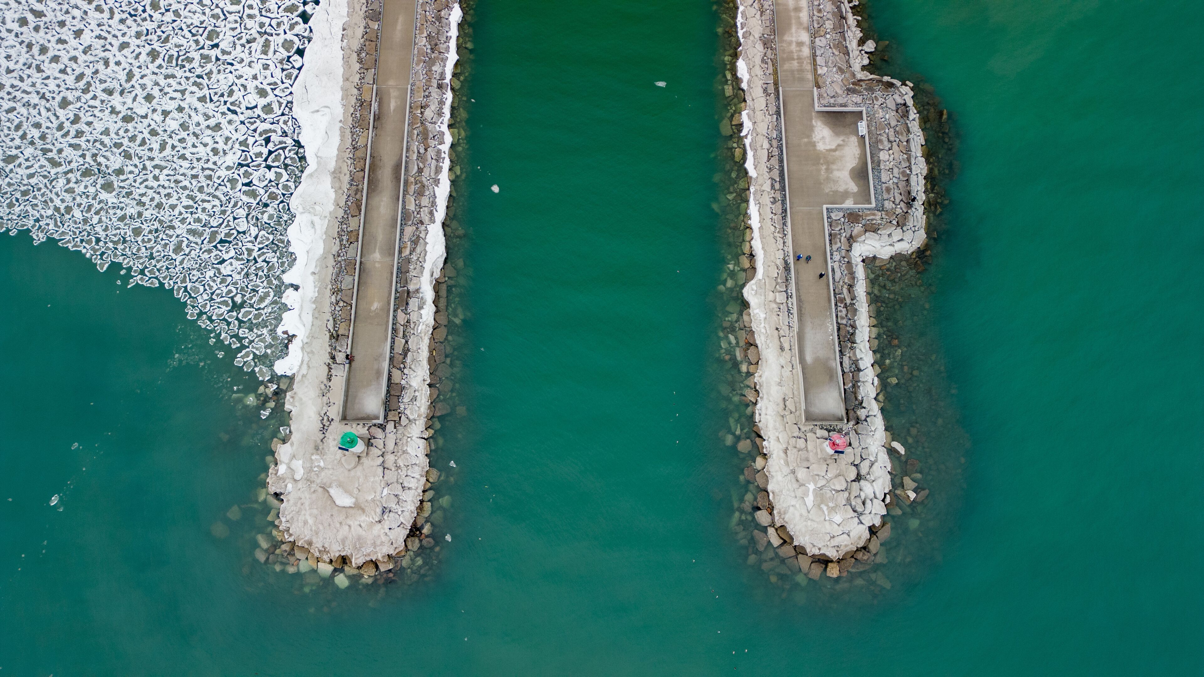 Aerial view of Frenchman's Bay Lighthouses in Pickering Ontario on the coast of Lake Ontario