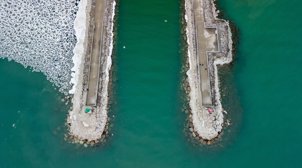 Aerial view of Frenchman's Bay Lighthouses in Pickering Ontario on the coast of Lake Ontario