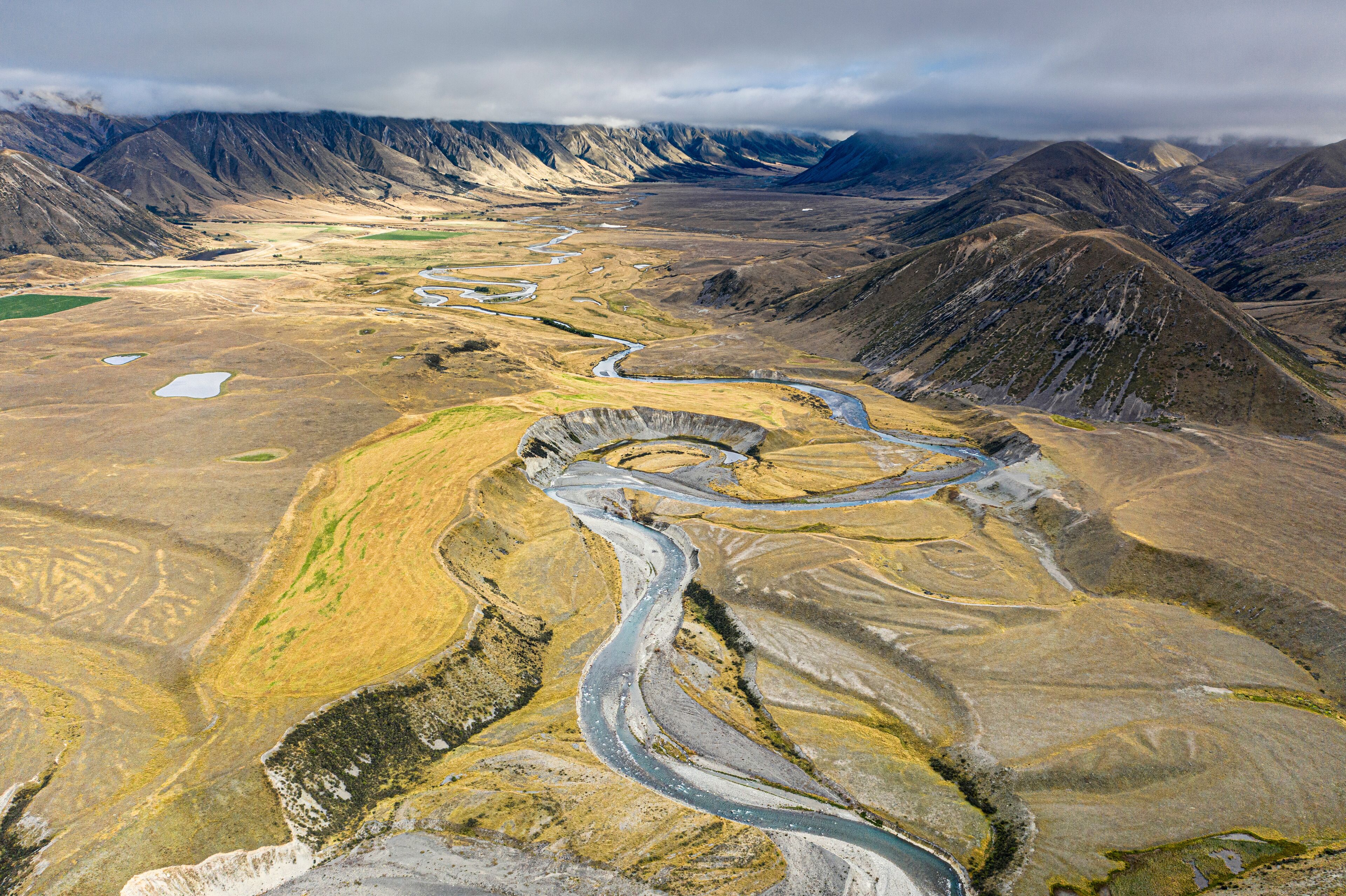 Aerial view of Ahuriri river, Omarama, Canterbury, New Zealand.