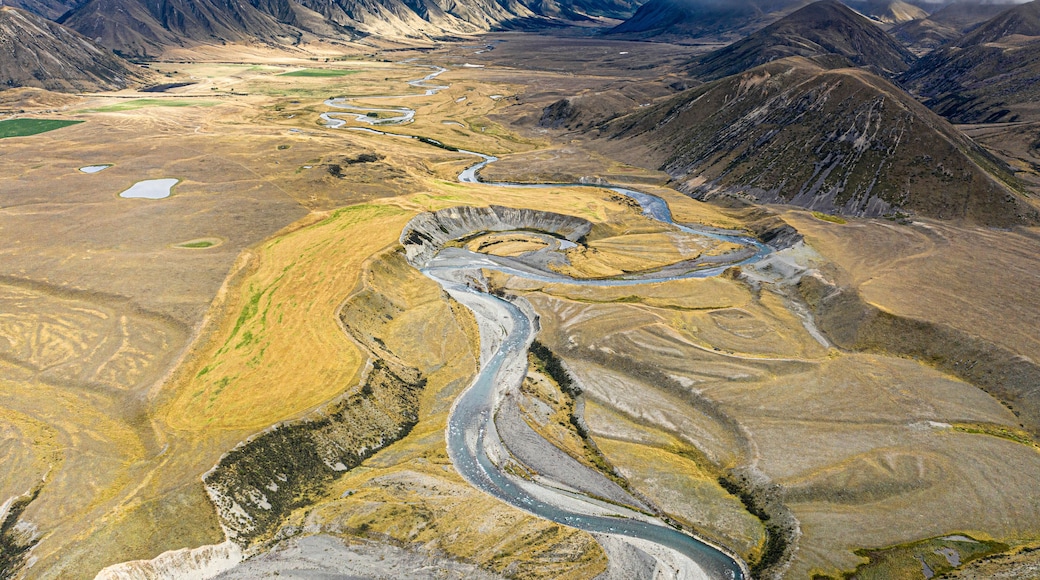 Aerial view of Ahuriri river, Omarama, Canterbury, New Zealand.