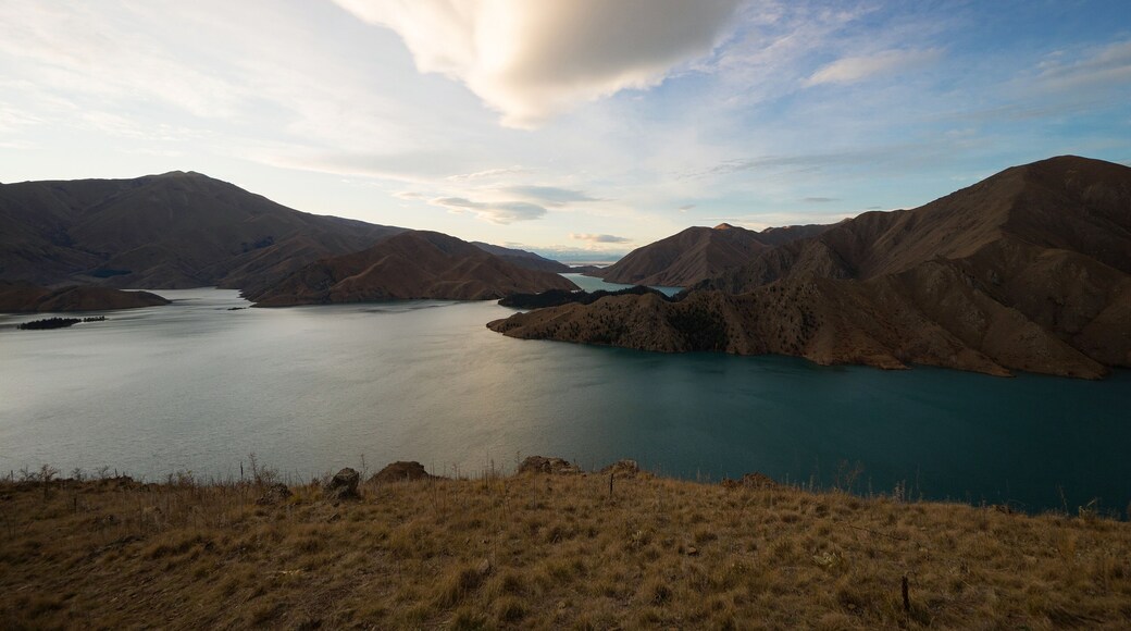 Panorama view of mountain lake nature landscape on Benmore Peninsula and Waitaki River in Canterbury New Zealand