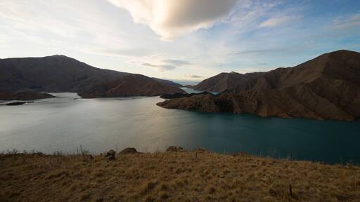 Panorama view of mountain lake nature landscape on Benmore Peninsula and Waitaki River in Canterbury New Zealand