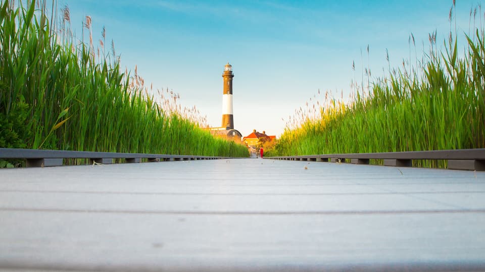 A lighthouse on a pier with tall grass on either side.