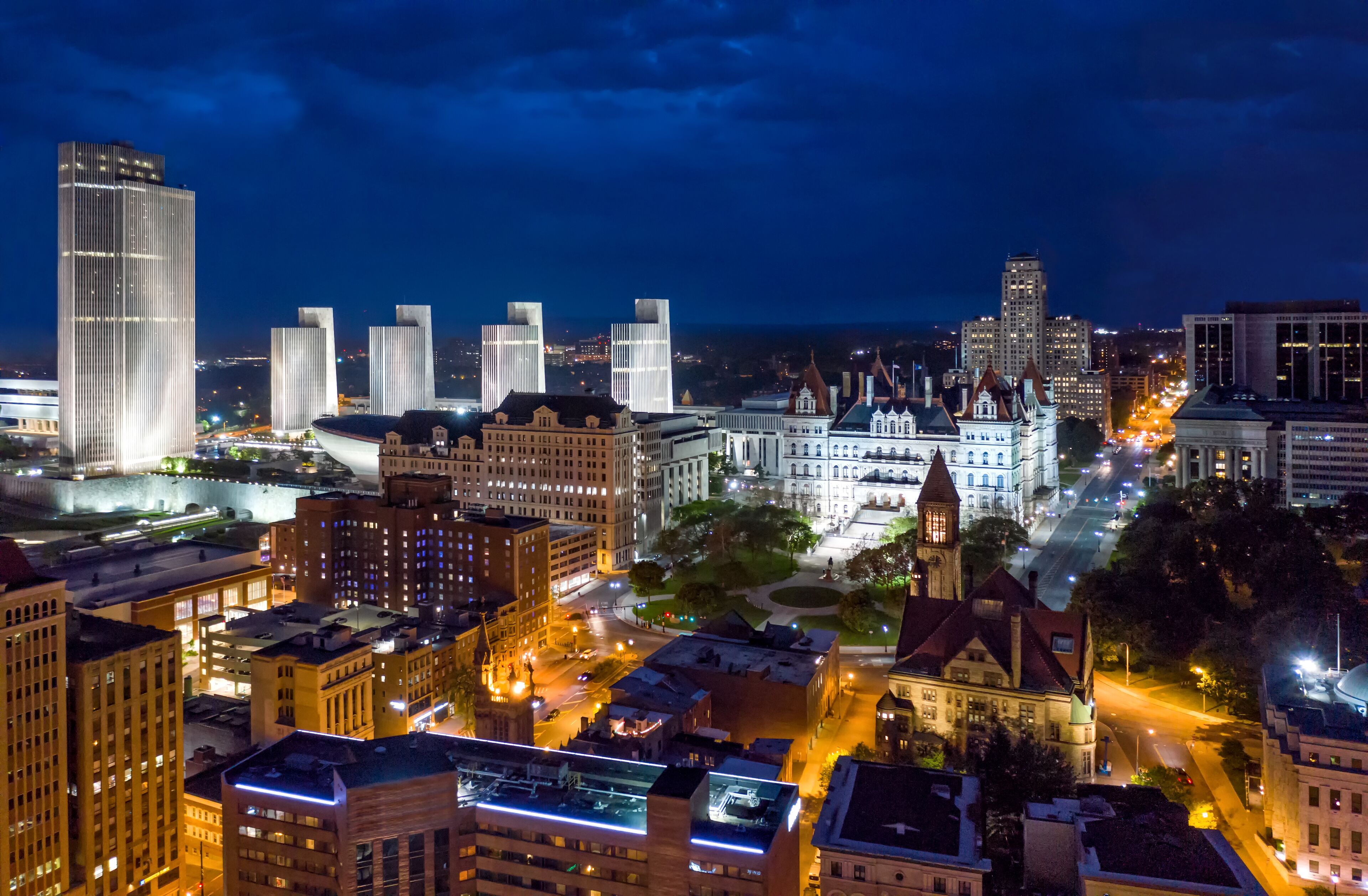 Aerial view of Albany, New York downtown at dusk. Albany is the capital city of the U.S. state of New York and the county seat of Albany County