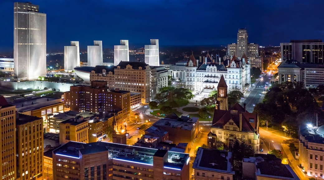 Aerial view of Albany, New York downtown at dusk. Albany is the capital city of the U.S. state of New York and the county seat of Albany County