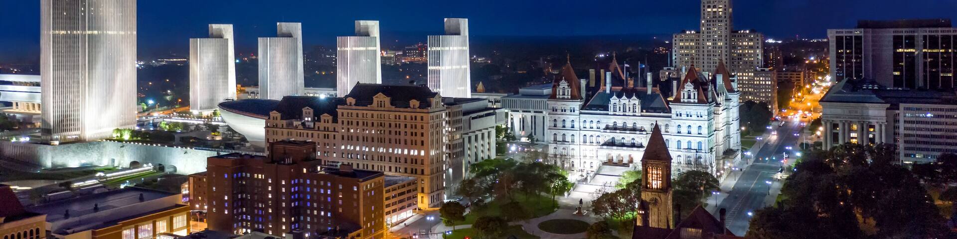 Aerial view of Albany, New York downtown at dusk. Albany is the capital city of the U.S. state of New York and the county seat of Albany County