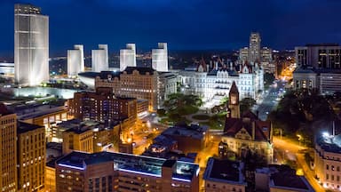 Aerial view of Albany, New York downtown at dusk. Albany is the capital city of the U.S. state of New York and the county seat of Albany County