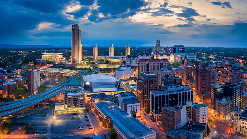 Aerial panorama of Albany, New York downtown at dusk. Albany is the capital city of the U.S. state of New York and the county seat of Albany County