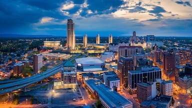 Aerial panorama of Albany, New York downtown at dusk. Albany is the capital city of the U.S. state of New York and the county seat of Albany County