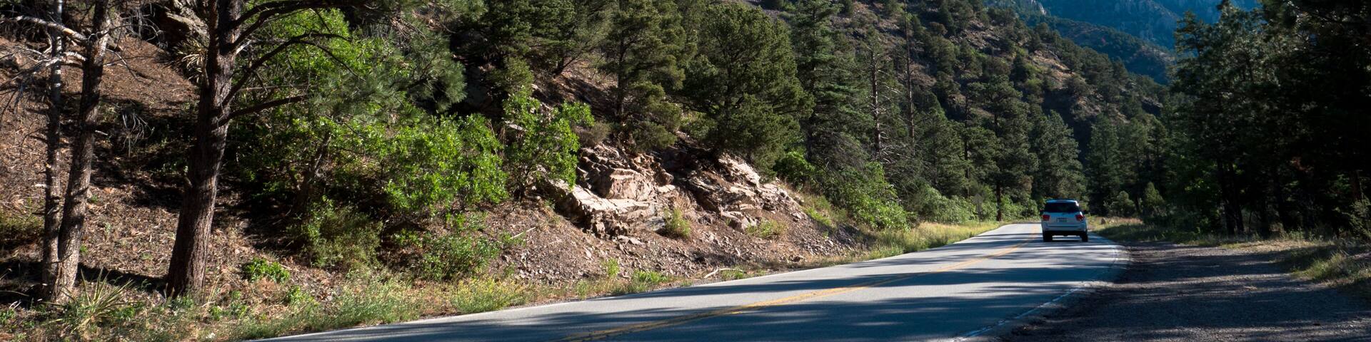 A road flanked by dense forests and rocky terrain, with a vehicle in the distance.