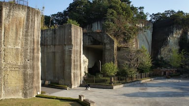 Una gran estructura de concreto con una abertura similar a una cueva, rodeada de árboles y una zona pavimentada.