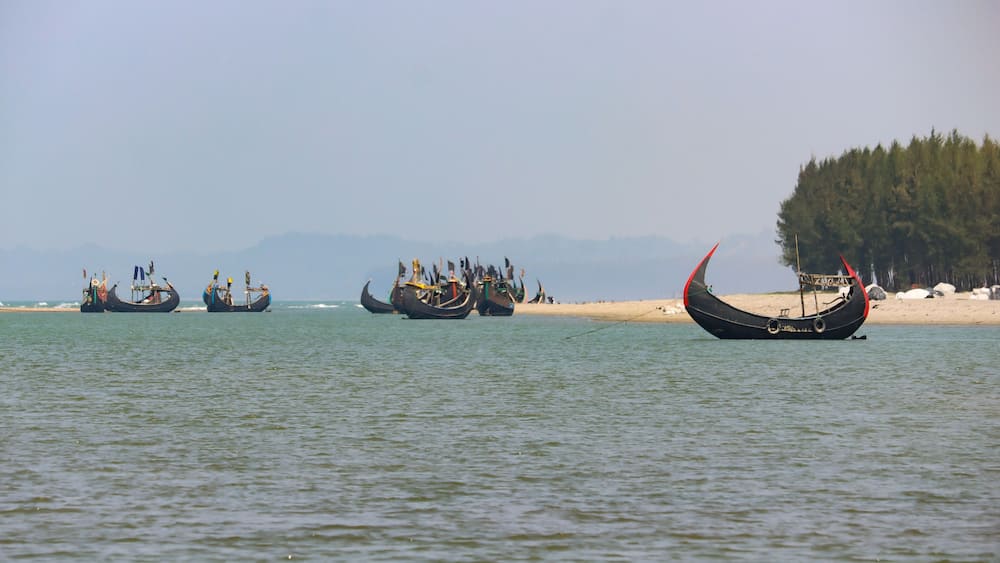 Une rangée de bateaux traditionnels sur une eau calme, une plage de sable et une colline boisée en arrière-plan.