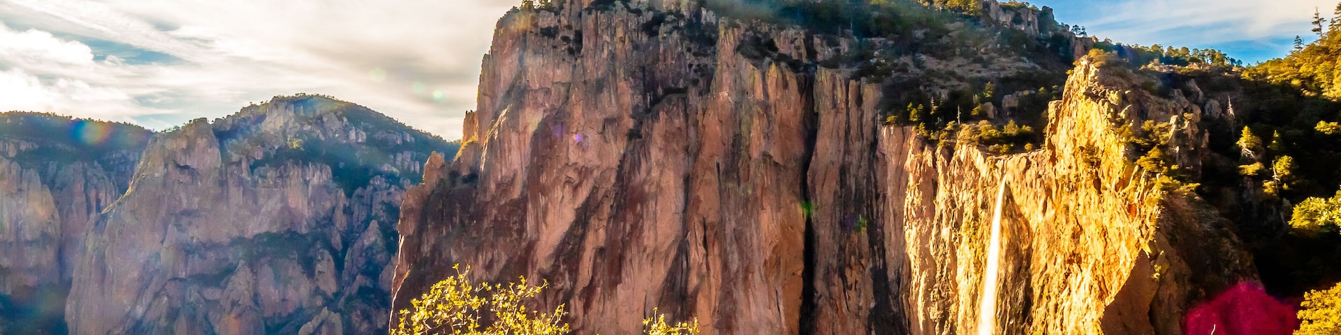 Una montaña con una cascada y un bosque denso.