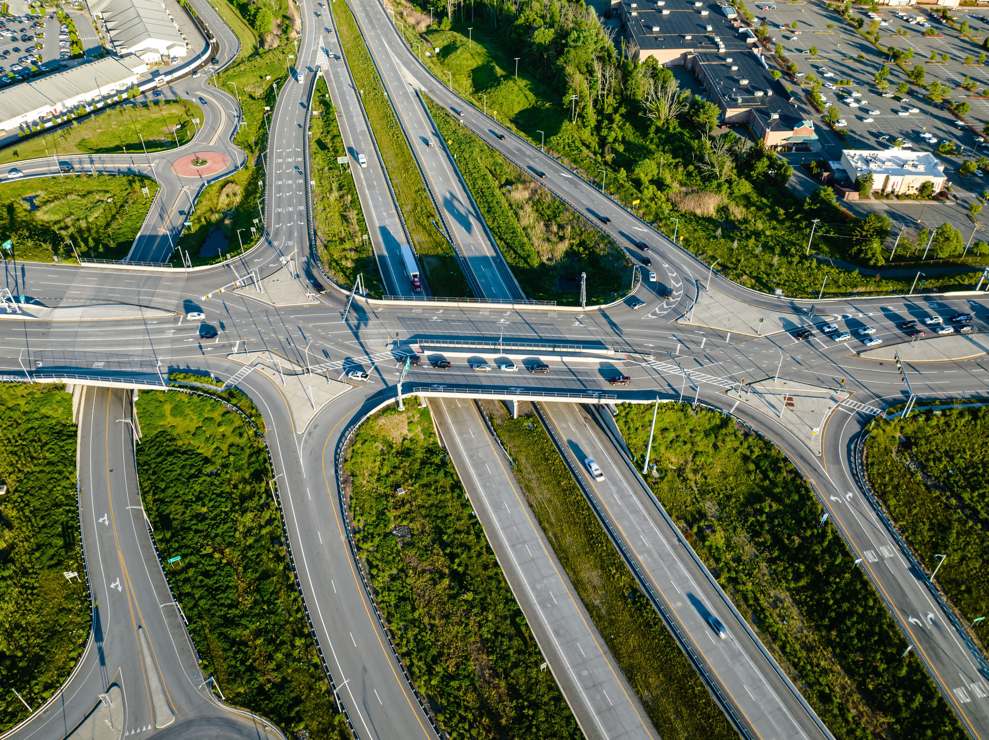 Aerial, drone, afternoon photo of a diverging diamond interchange (DDI), located in Woodbury, NY.	