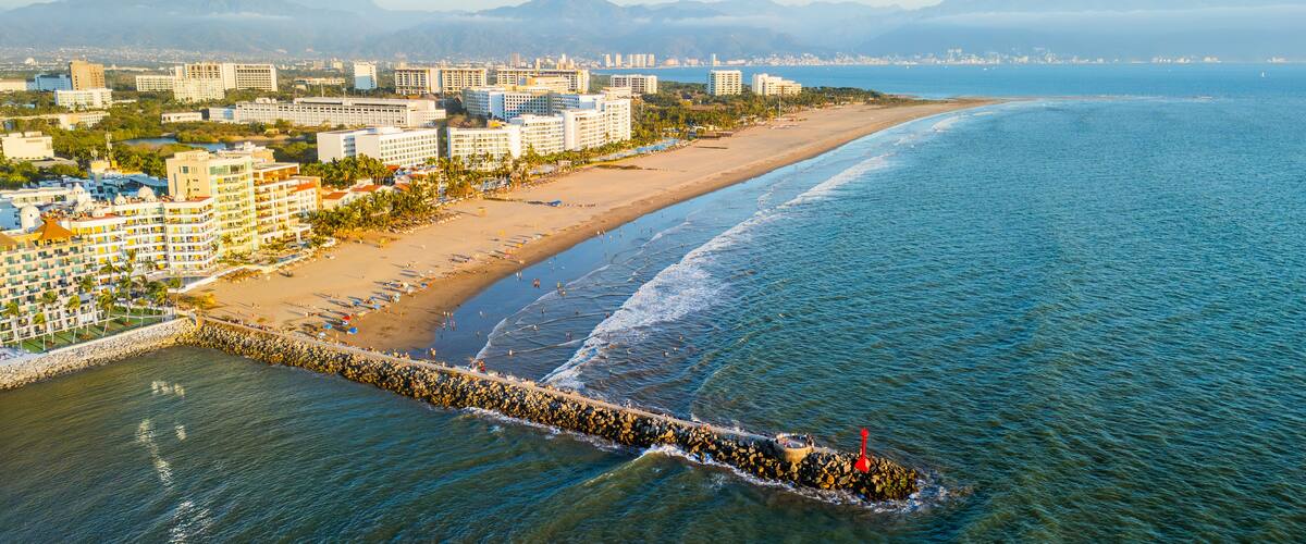 Hotel complex in the metropolitan area of Puerto Vallarta, Mexico. Aerial view at sunset