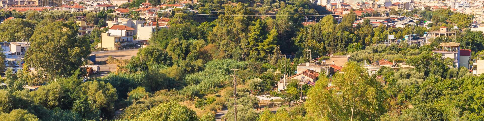 A coastal cityscape with a prominent hilltop featuring ruins and trees, surrounded by residential buildings and a clear blue sky.