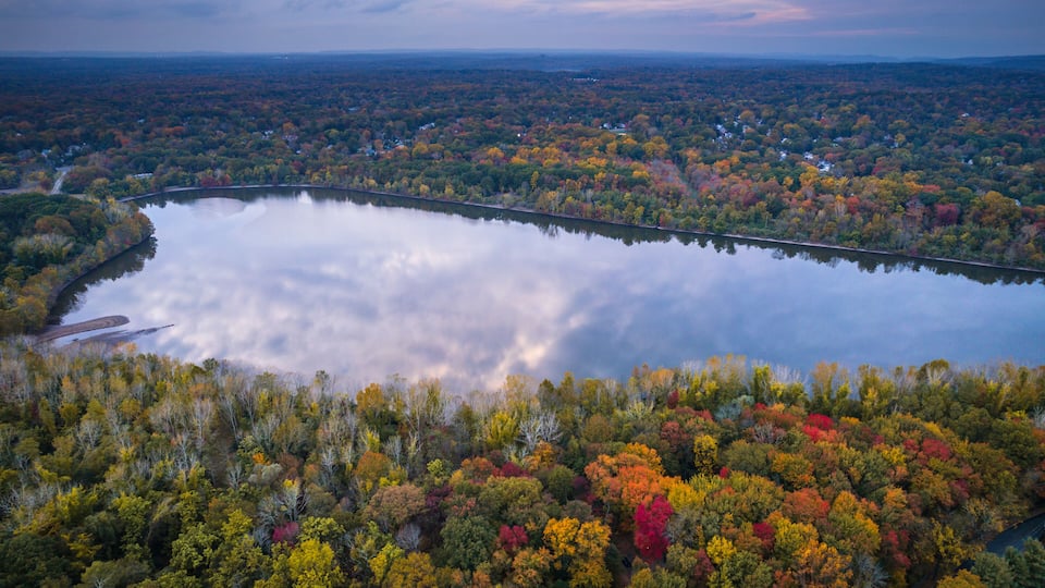 A lake surrounded by autumn-colored trees, a bridge, and a distant town.