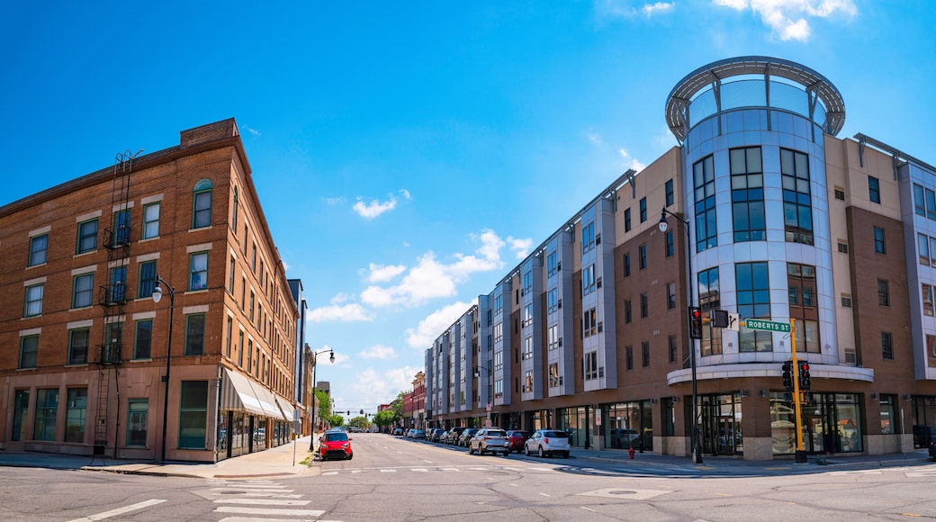 Fargo City downtown intersection street and historic buildings in North Dakota. Traditional American Town, founded in 1871 on the Red River of the North floodplain.