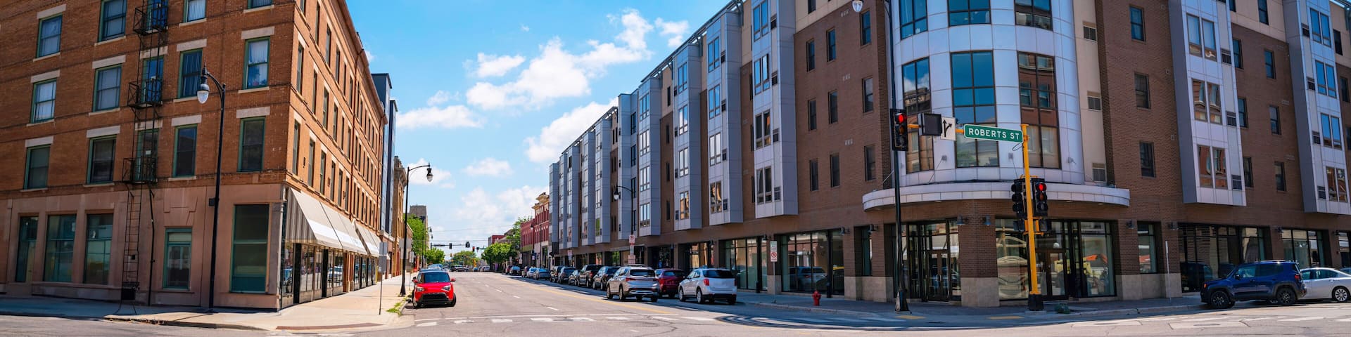 Fargo City downtown intersection street and historic buildings in North Dakota. Traditional American Town, founded in 1871 on the Red River of the North floodplain.