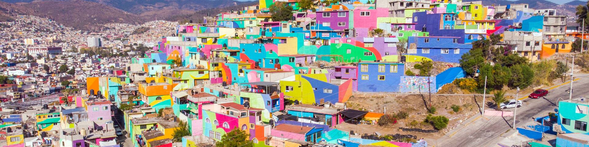 Colorful buildings in Cubitos district in Pachuca, Hidalgo state, Mexico. Grand Mural - the biggest Mural in the World