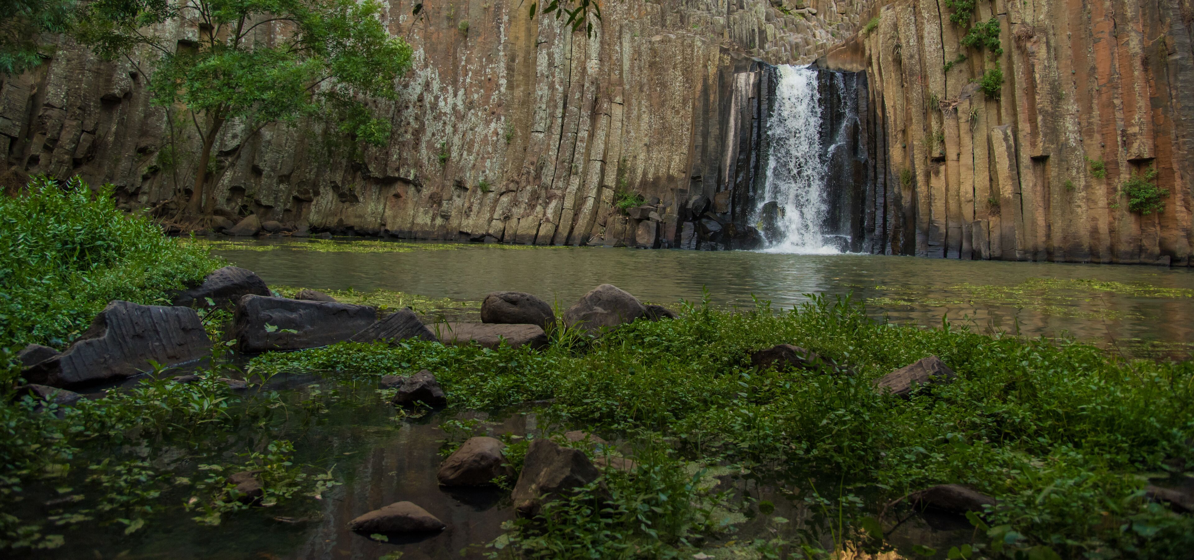 A waterfall cascading down a rocky cliff into a calm pool surrounded by lush greenery.