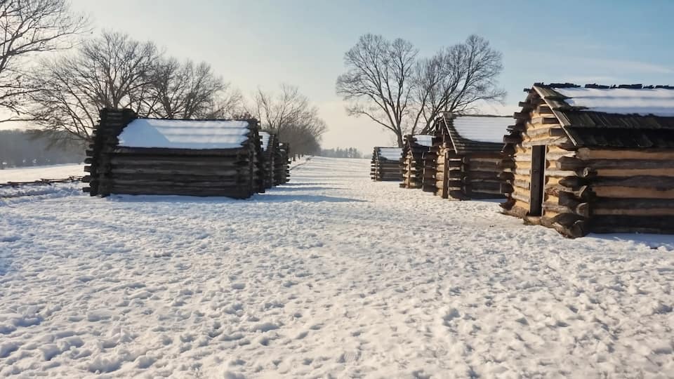 A snow-covered path with log cabins and leafless trees.