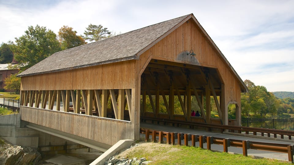 A wooden covered bridge with a steep incline and a metal railing.