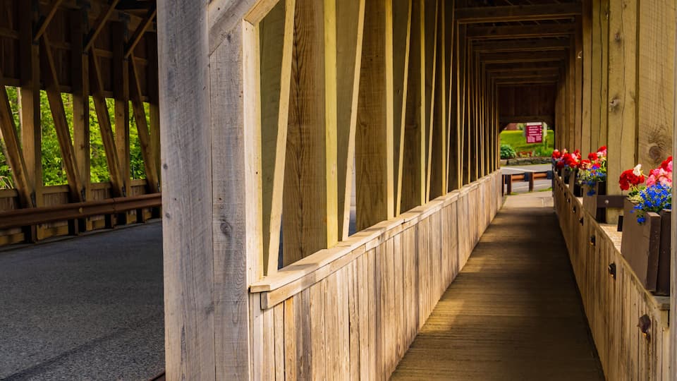 A covered wooden walkway with wooden railings and flower boxes on the right.