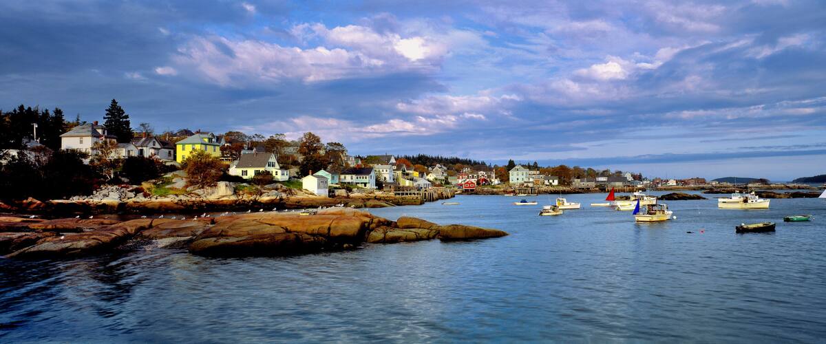 A coastal town with houses along the shore, a rocky coastline, and numerous boats on the water.