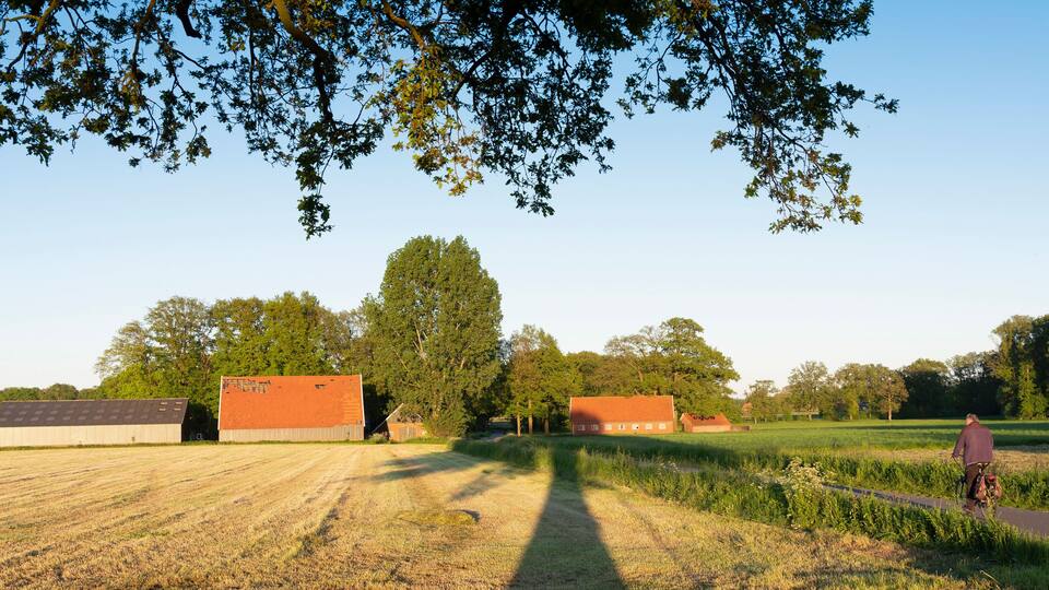A rural landscape with fields, barns, and trees.