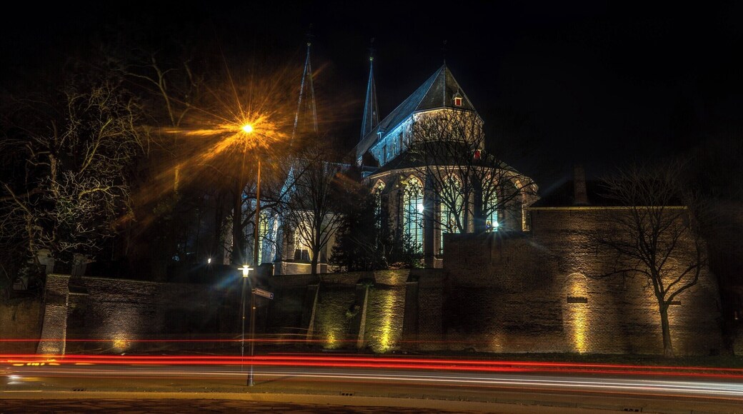The St. Nicholas or Bergkerk in Deventer is originally a Roman basilica and is located on an old river dune in the Bergkwartier. The church was built in the years 1198-1209, near the then Deventer harbor quarter. It was founded in the heyday of the Hanseatic city. The church, a Romanesque basilica, was dedicated to Saint Nicholas, the patron saint of the captains. In the 15th century the Bergkerk underwent several renovations which gave it a late Gothic character. The two characteristic spiers were built during that period (the lower part of the towers is still original).