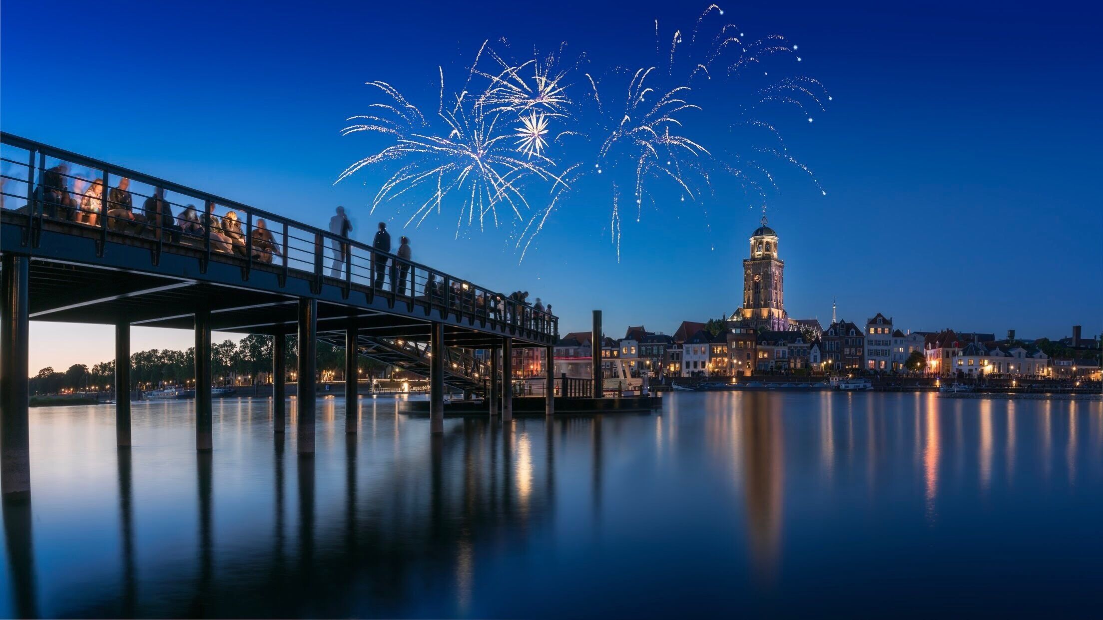 Fireworks over Deventer during blue hour