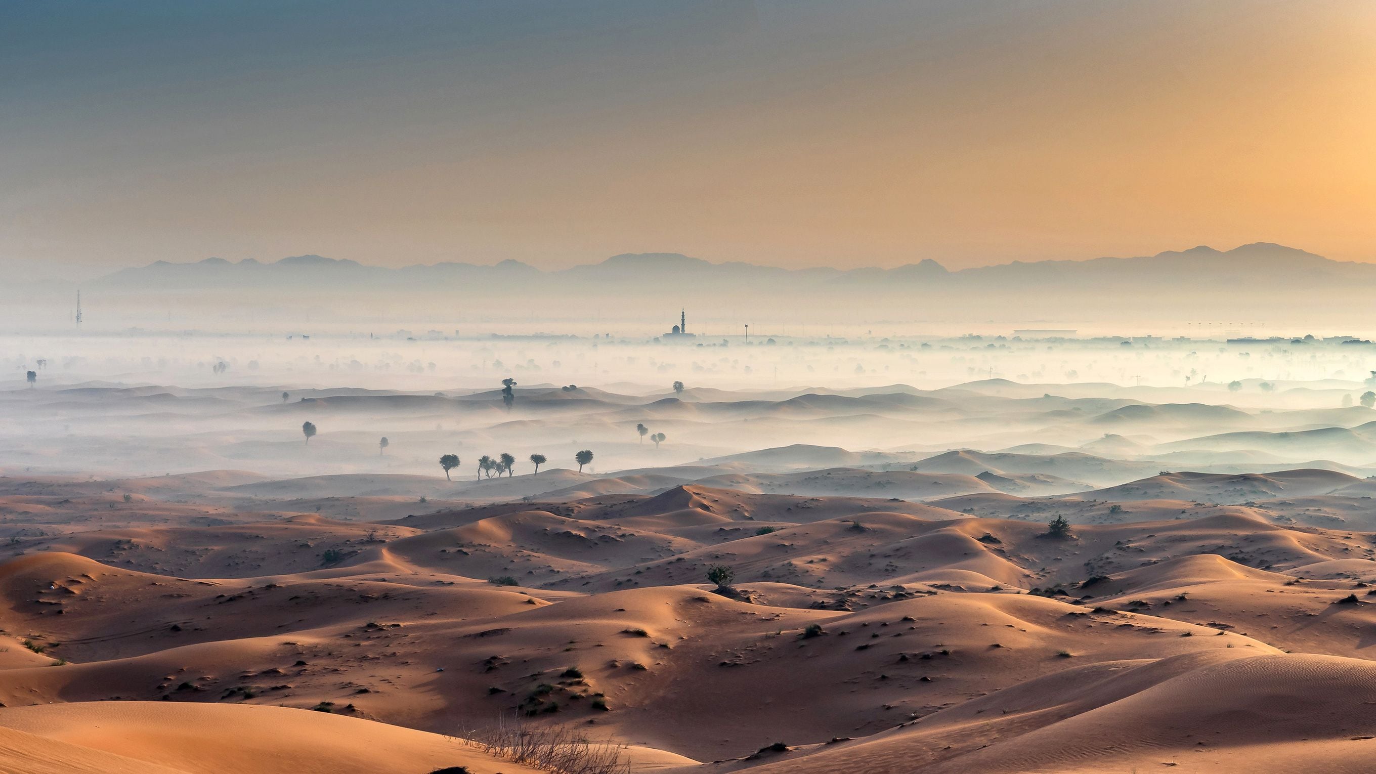 A desert landscape with sand dunes, sparse vegetation, and a distant minaret.