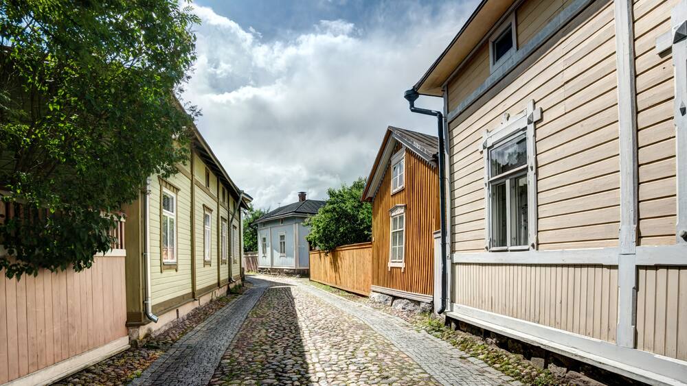 Old wooden houses in Rauma on a summer day