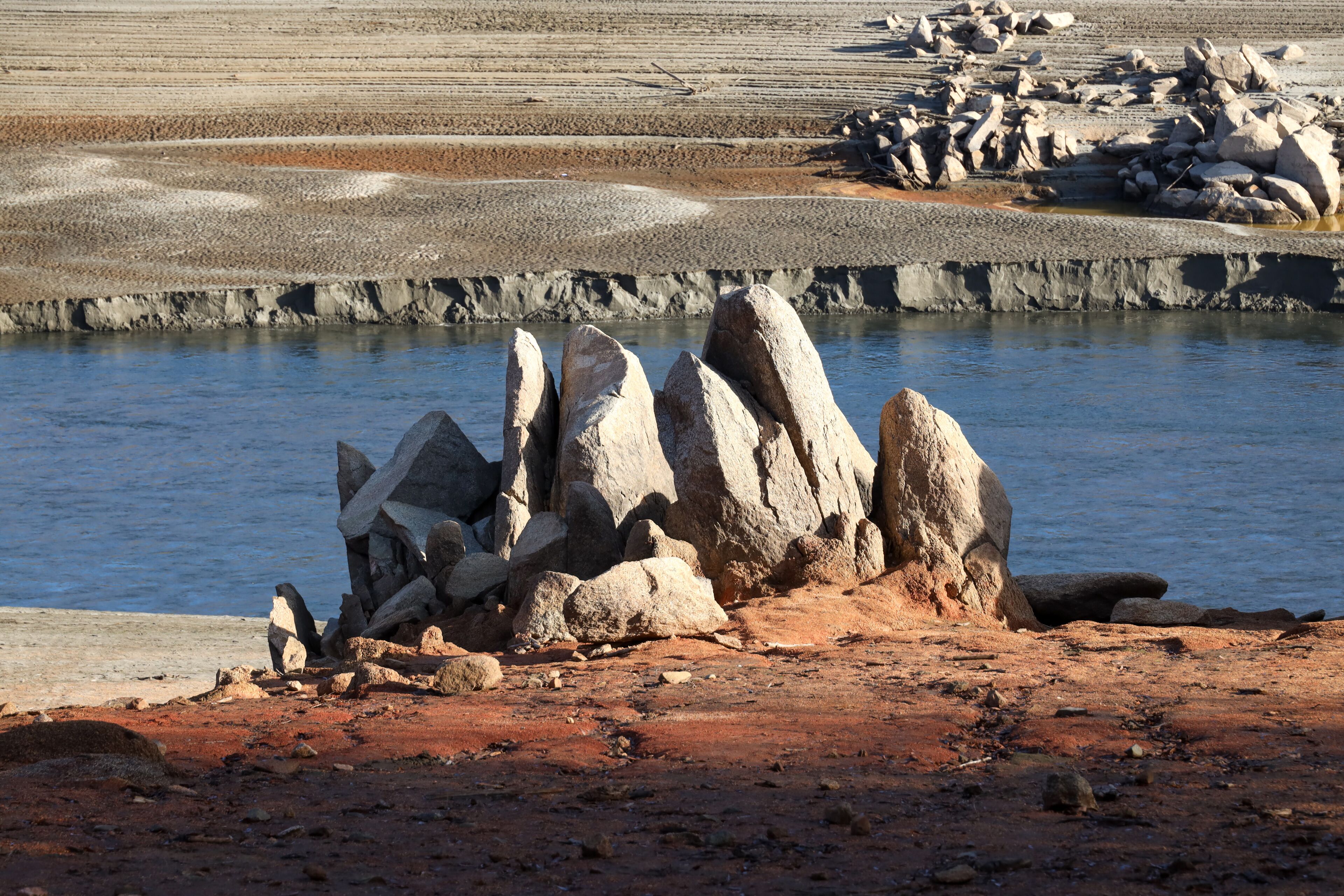 Closeup of Granite Spires and Red Rock Along the Folsom Lake Reservoir and North Fork American River at Low Water 