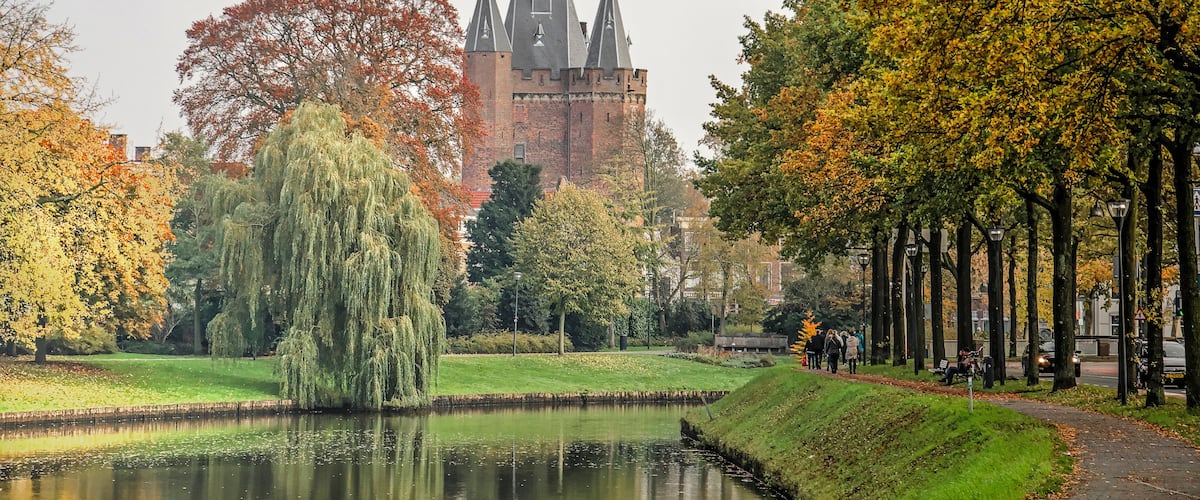 Un parc amb una bassa, arbres amb fulles d'octubre, i un edifici històric amb un campanar alt al fons.