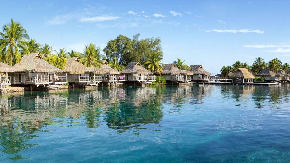 Overwater bungalows with thatched roofs, palm trees, and clear blue water.